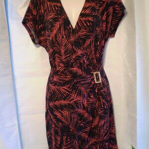 MICHAEL KORS ORANGE/BLACK FAUX WRAP DRESS/GOLD BUCKLE DETAIL SZ S